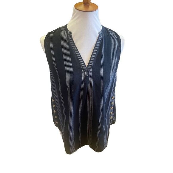 A New Day Black And Gray Striped Sleeveless V-Neck Linen/Cotton Blend Top Size M - Picture 6 of 12